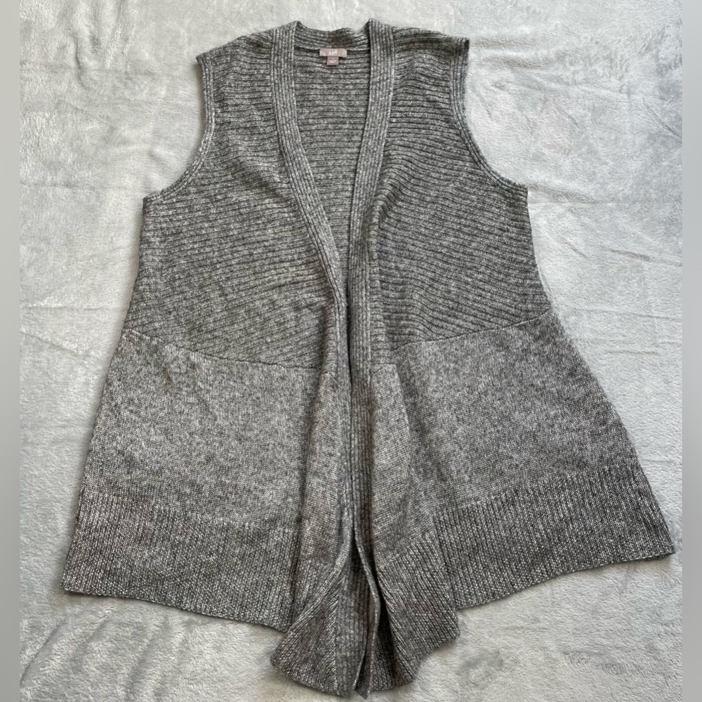 J.Jill Sweater Vest Cardigan Large Sleeveless Wool Blend Cascade Ribbed Gray